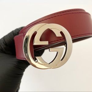 New Gucci Pink Leather Interlocking GG Buckle Belt 90cm